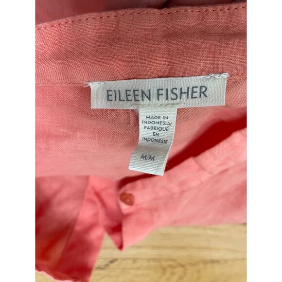 Eileen Fisher Women's M Orange Button-Up 100% Linen Tunic Shirt Mandarin Collar - Picture 3 of 7